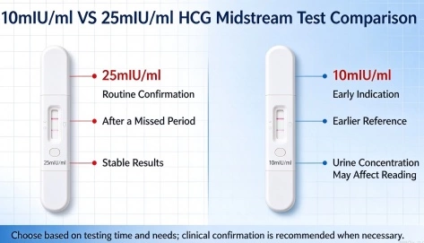 25mIU/ml and 10mIU/ml sensitivity HCG test strips displayed side by side