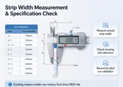 Caliper reading of strip width measurement with specification record sheet