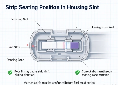 Close-up of strip seating position within the housing retaining slot Close-up of strip seating position within the housing retaining slot