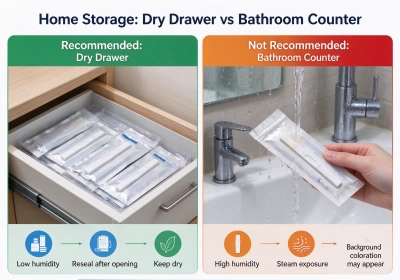 Comparison of strip storage locations in home settings (dry drawer vs bathroom counter) Comparison of strip storage locations in home settings (dry drawer vs bathroom counter)