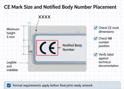 Diagram of CE mark size and notified body number placement on label