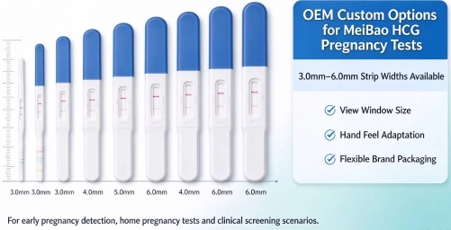 MeiBao HCG pregnancy test midstream packaging with different width specifications compared