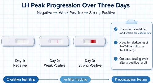 Ovulation test LH peak progression from negative to strong positive over three consecutive days