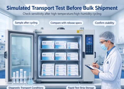 Product placement inside a constant-temperature/humidity chamber during simulated transport testing Product placement inside a constant-temperature/humidity chamber during simulated transport testing