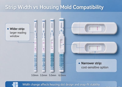 Top-view comparison of different-width HCG strips with matching plastic housing snap-fits