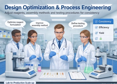 Engineers optimizing reagent formulation and assembly methods during IVD product development