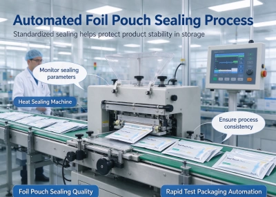 Heat sealing machine closing rapid test foil pouches on an automated packaging line