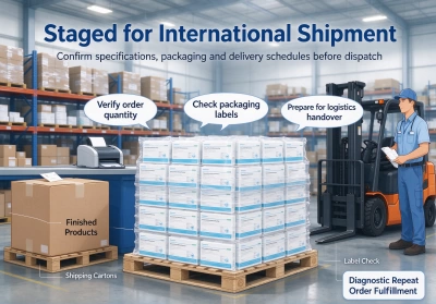 Packed rapid diagnostic products staged in a warehouse for international shipment