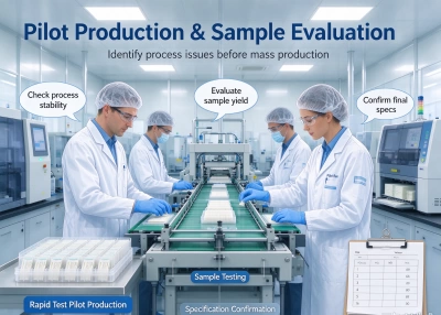 Pilot production run of rapid diagnostic tests used for sample evaluation before mass production