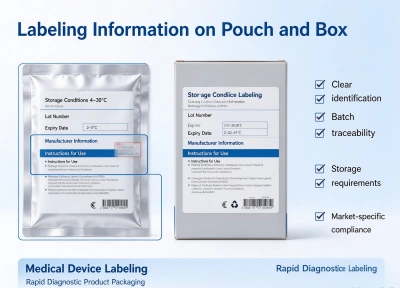 Printed pouch and box labeling showing storage conditions, lot number and expiry date