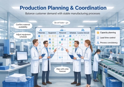 Production planning team coordinating materials, equipment and schedules at an IVD factory