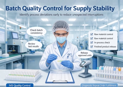 Quality control technician checking rapid test batches to prevent supply interruptions