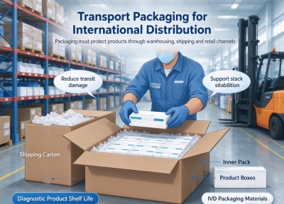 Rapid diagnostic test boxes packed in shipping cartons for international distribution