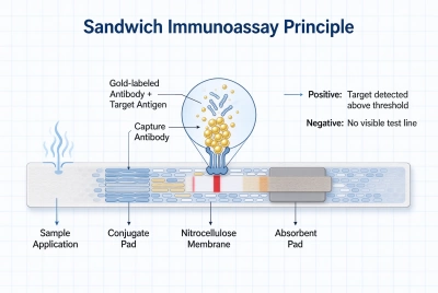 Sandwich immunoassay principle diagram showing antigen capture at test line Sandwich immunoassay principle diagram showing antigen capture at test line