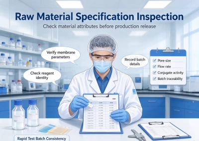 Technician inspecting raw material specifications before release to rapid test production Technician inspecting raw material specifications before release to rapid test production